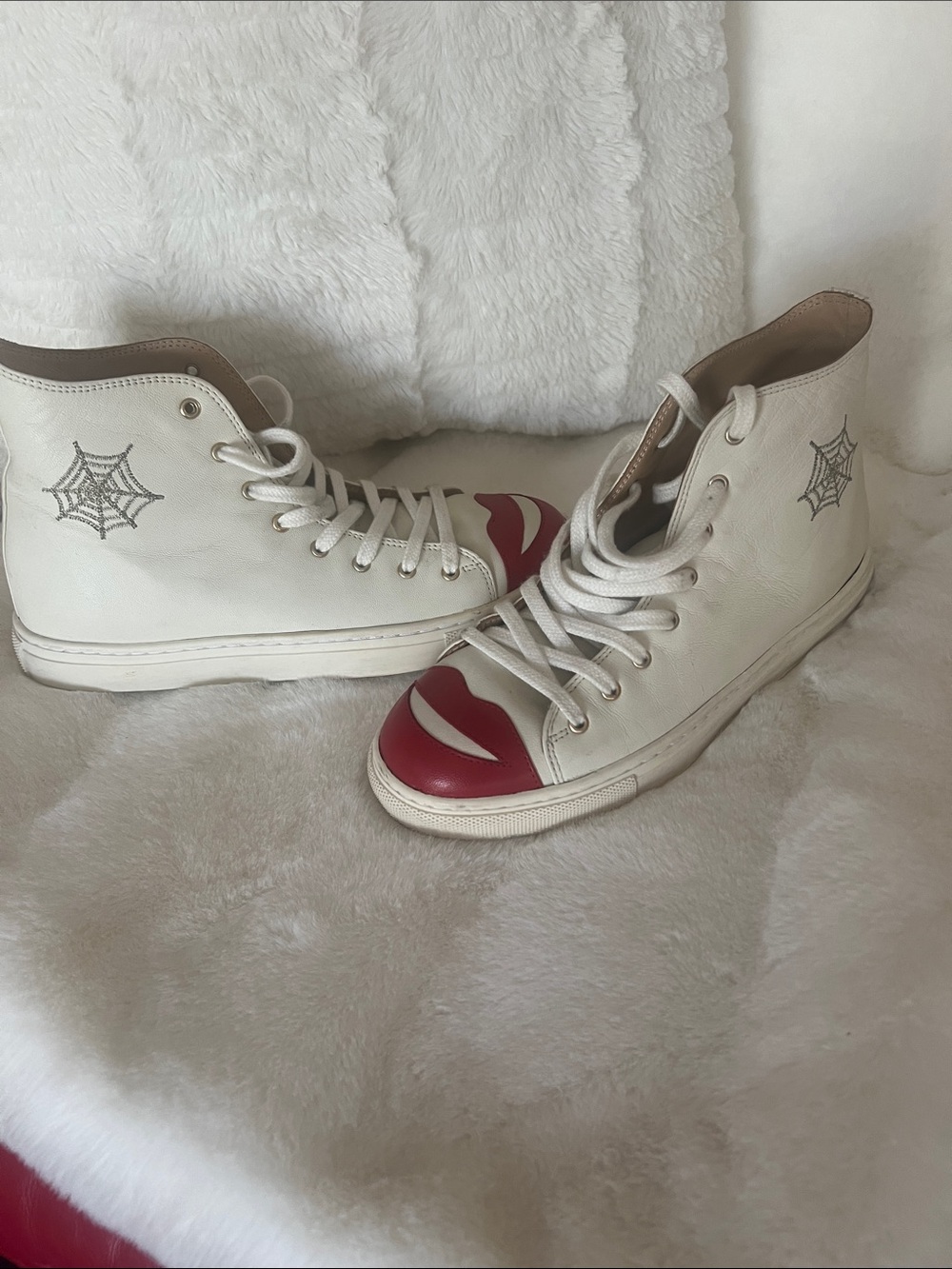 Charlotte Olympia White High-Top Sneakers with Red Lip Toe